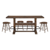 Brown Finish 5pc Counter Height Furniture Set Table w Metal Footrest and 4x Stools Sturdy Wood Frame Classic Aesthetic
