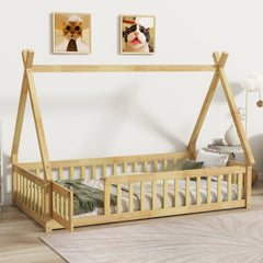 Twin Tent-shaped Floor Bed,Teepee Bed with Guardrails,Slats and Door,Natural
