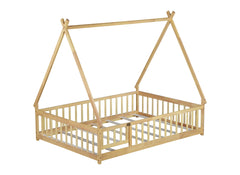 Full Size Rubber Wood Tent-shaped Floor Bed,with Guardrails,Slats and Door,Natural