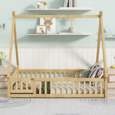 Full Size Rubber Wood Tent-shaped Floor Bed,with Guardrails,Slats and Door,Natural