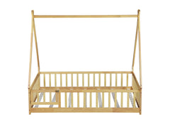 Full Size Rubber Wood Tent-shaped Floor Bed,with Guardrails,Slats and Door,Natural