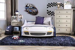 Modern Novelty Style Twin Bed Police Car Design With High gloss Design LED Lights On Wheels And Headlights Included Slat Kit Metal Structure Painted Edges Blue And White Finish