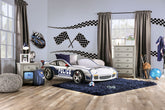 Modern Novelty Style Twin Bed Police Car Design With High gloss Design LED Lights On Wheels And Headlights Included Slat Kit Metal Structure Painted Edges Blue And White Finish