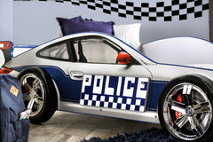 Modern Novelty Style Twin Bed Police Car Design With High gloss Design LED Lights On Wheels And Headlights Included Slat Kit Metal Structure Painted Edges Blue And White Finish