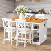 TOPMAX 60"Lx30"W Solid Wood Farmhouse Counter Height Dining Table Set with 3-Tier Storage Shelves, Upholstered Dining Chairs for 4, 5-Piece, White