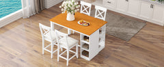 TOPMAX 60"Lx30"W Solid Wood Farmhouse Counter Height Dining Table Set with 3-Tier Storage Shelves, Upholstered Dining Chairs for 4, 5-Piece, White