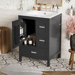 Modern 24-inch Bathroom Vanity with Ceramic Sink, Soft-Close Door, Double-Layer Door Shelf, and 3 Drawers
