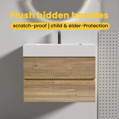 Grace 30 Rough Oak+Rough Oak Bathroom Vanity with White Engineered Quartz Sink and Soft Drawers, Wall Mounted Floating Bathroom Vanity for Modern Bathroom, without drainage and faucet, KD