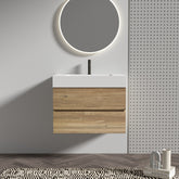 Grace 30 Rough Oak+Rough Oak Bathroom Vanity with White Engineered Quartz Sink and Soft Drawers, Wall Mounted Floating Bathroom Vanity for Modern Bathroom, without drainage and faucet, KD