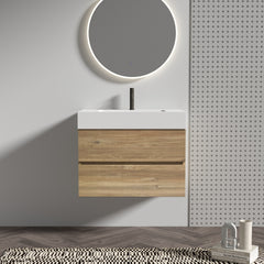 Grace 30 Rough Oak+Rough Oak Bathroom Vanity with White Engineered Quartz Sink and Soft Drawers, Wall Mounted Floating Bathroom Vanity for Modern Bathroom, without drainage and faucet, KD