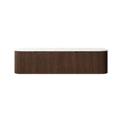 DINA 60'' Wall Mounted Plywood Cabinet with Carrara White Sintered Stone Countertop, Two Drawers, NO Basin, NO Faucet and Drain, Dark Walnut Woodgrain Color