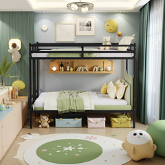 Queen Bunk Bed, Metal Bed Frame With Full-Length Guardrail and Ladder, Black,Custom mattress needed