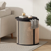 15.70" Round End Table, Hollow Woven Side Table, Small Rubber Wood Nightstand, Rattan Woven Tea Desk, Round Wood Tabletop, Chic Home Decor Desk, Easy Assembly, Black Color