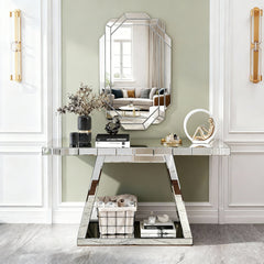 55.9" Modern Luxe Full-Body Mirror Entryway Table with Trapezoid Base – 360° Reflective Console Table, Sturdy Wooden Frame, Scratch-Resistant Design & Open Storage for Hallway, Living Room, Staircase