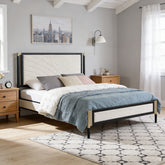 Full size Bed with White Boucle fabric Headboard,Champagne Silver+Black Frame