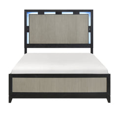 Contemporary Charcoal Gray Finish Queen Size Bed Integrated LED Backlighting Solid Wood Bedroom Furniture 1pc Reeded Panels