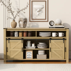 U_STYLE 59.3''Sideboard with Sliding Barn Door and Mesh Panels,Farmhouse Buffet with Open Storage,Suitable for Living Room, Hallway, Balcony,Kitchen, Office