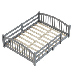 Full Montessori Floor Bed with Slats and Safety Guardrails, Solid Wood Floor Bed with Fence and Without Door, Easy Assemble Montessori Bed for Girls and Boys, Gray