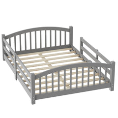 Full Montessori Floor Bed with Slats and Safety Guardrails, Solid Wood Floor Bed with Fence and Without Door, Easy Assemble Montessori Bed for Girls and Boys, Gray