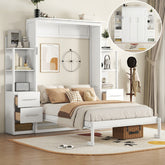 Full Size Murphy Bed Wall Bed with Shelves, Drawers and LED Lights,White