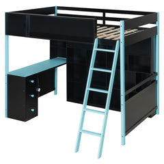 Full Size Wood Loft Bed with Desk, Ample Storage Space and Light, Blue