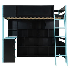 Full Size Wood Loft Bed with Desk, Ample Storage Space and Light, Blue