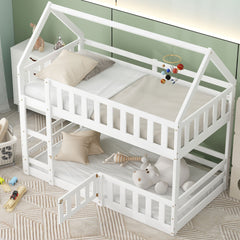Twin over Twin House Bunk Bed with Fence and Door, White(Old SKU:WF313047AAK)