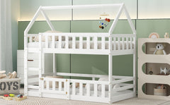 Twin over Twin House Bunk Bed with Fence and Door, White(Old SKU:WF313047AAK)