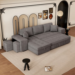 104.5" Modern L-Shape 3 Seat Reversible Sectional Couch, Pull Out Sleeper Sofa with Storage Chaise and 2 Stools for Living Room Furniture Set,Knox Charcoal