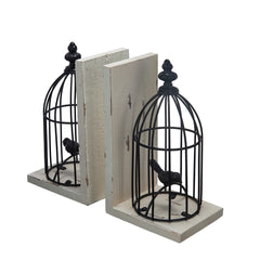 S/2 5.5x4.5x10" Distressed Black Bird Cage Bookend, Antique white