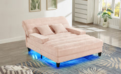 Modern Chaise Lounge Sofa 57.1" Sofa Bed Chenille Upholstered Lounge Sofa Chair with Adjustable Backrest and LED Light Strip for Living Room, Pink