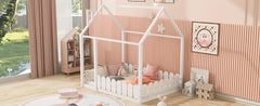 Full Size Wood Bed House Bed Frame with Fence,for Kids,Teens,Girls,Boys (White )(Slats are not included)