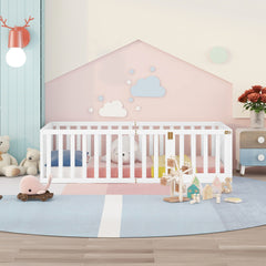 Twin Size Wood Floor Bed Frame with Fence and Door, White