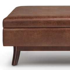 Owen 48 inch Wide Rectangular Storage Ottoman in Distressed Saddle Brown Vegan Leather