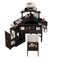 Corner Vanity Desk Set with Storage Cushioned Stool and Charging Station, Triangle Makeup Desk with Removable Pull-Out Side Cabinet, Glass Tabletop Makeup Vanity Desk with Drawer and Shelf, Black