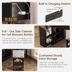 Corner Vanity Desk Set with Storage Cushioned Stool and Charging Station, Triangle Makeup Desk with Removable Pull-Out Side Cabinet, Glass Tabletop Makeup Vanity Desk with Drawer and Shelf, Black