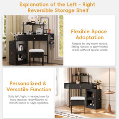 Corner Vanity Desk Set with Storage Cushioned Stool and Charging Station, Triangle Makeup Desk with Removable Pull-Out Side Cabinet, Glass Tabletop Makeup Vanity Desk with Drawer and Shelf, Black