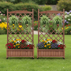 Raised Garden Bed with Trellis 2 Pack, Outdoor Wooden Planter Box & Plant Stand with Climbing Racks
