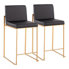 Fuji Contemporary High Back Counter Stool in Gold Steel and Black Faux Leather by LumiSource - Set of 2