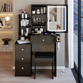 29.2 inch Small Size Left Bedside Cabinet Vanity Table + Cushioned Stool, 2 AC+2 USB Power Station, Hair dryer bracket, Extra Large Touch Control Sliding LED Mirror, Tri-color Switching, Brightness Adjust