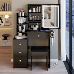 29.2 inch Small Size Left Bedside Cabinet Vanity Table + Cushioned Stool, 2 AC+2 USB Power Station, Hair dryer bracket, Extra Large Touch Control Sliding LED Mirror, Tri-color Switching, Brightness Adjust