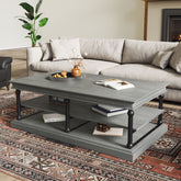 55.1" Wood Coffee Table with Black Legs, 2 Open Storage Shelves, Modern Living Room Table, Gray