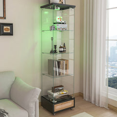 Modern Glass Display Cabinet with Drawer , Quick-assembly Antique Cabinet with LED lights, Tempered Glass Bookshelf, 1-Door Storage Case with 4 Shelves for Living Room and Bedroom, black and natural