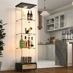 Modern Glass Display Cabinet with Drawer , Quick-assembly Antique Cabinet with LED lights, Tempered Glass Bookshelf, 1-Door Storage Case with 4 Shelves for Living Room and Bedroom, black and natural