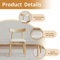 Set of 2 Modern Dining Chairs in Natural Wood, Ergonomic Armless Kitchen Chairs with Thick Leather Cushions & Curved Backrest, Sturdy Wooden Leg Chairs for Restaurant, Cafe, Bedroom