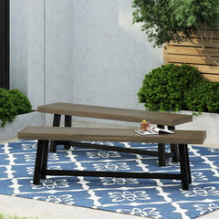 Acacia Outdoor Bench,Sandblast Gray Finish and Black,set of 2