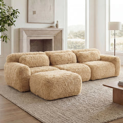 L-shaped Soft And Fluffy Plush Fabric,Boneless Sofa,With Throw Pillows 32D High Density Sponge,No Assembly Required Bottom,Anti-Slip Design Buckle Connection,Movable Ottoman For Study,Light Khaki