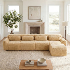 L-shaped Soft And Fluffy Plush Fabric,Boneless Sofa,With Throw Pillows 32D High Density Sponge,No Assembly Required Bottom,Anti-Slip Design Buckle Connection,Movable Ottoman For Study,Light Khaki