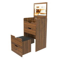 3-in-1 Vanity Desk with Lighted Mirror & Stool, Flip Top Makeup Dressing Table, Compact Storage for Bedroom, Bathroom, Dressing Room(18.9 inch L, Walnut)
