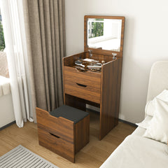 3-in-1 Vanity Desk with Lighted Mirror & Stool, Flip Top Makeup Dressing Table, Compact Storage for Bedroom, Bathroom, Dressing Room(18.9 inch L, Walnut)